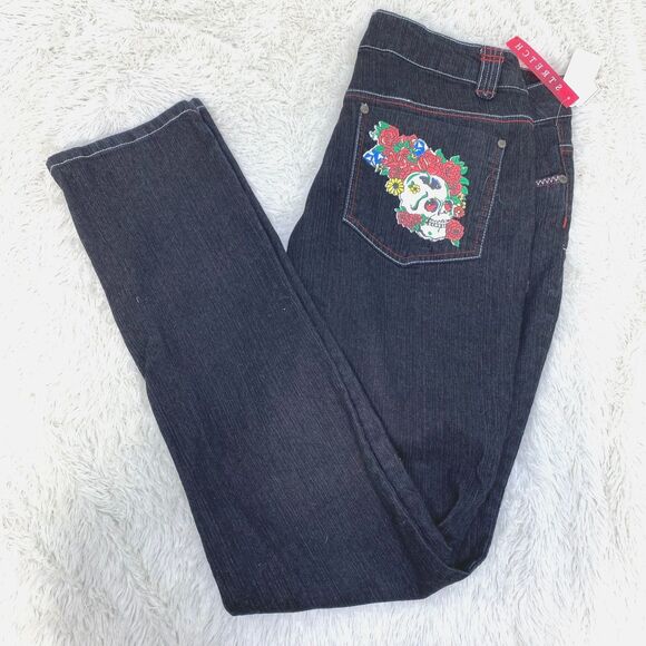 NWT MKM Designs Black Y2K Style Skull Floral Skinny Mid Rise Jeans Size 13 - Picture 1 of 11